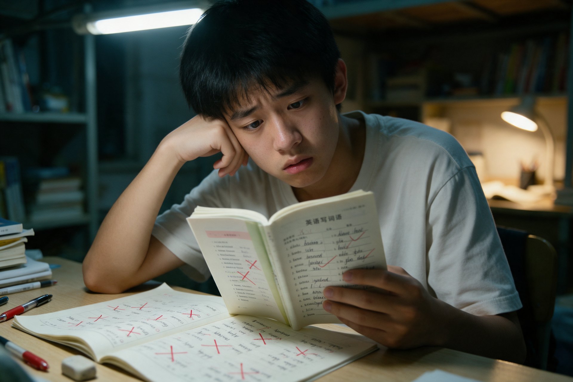 一个学生盯着单词书发呆,桌上打着红叉的默写本,表现“背了就忘”的普遍困境